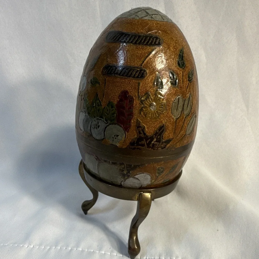Vintage Brass Cloisonne Enamel Egg Trinket Box with 3-Footed Stand
